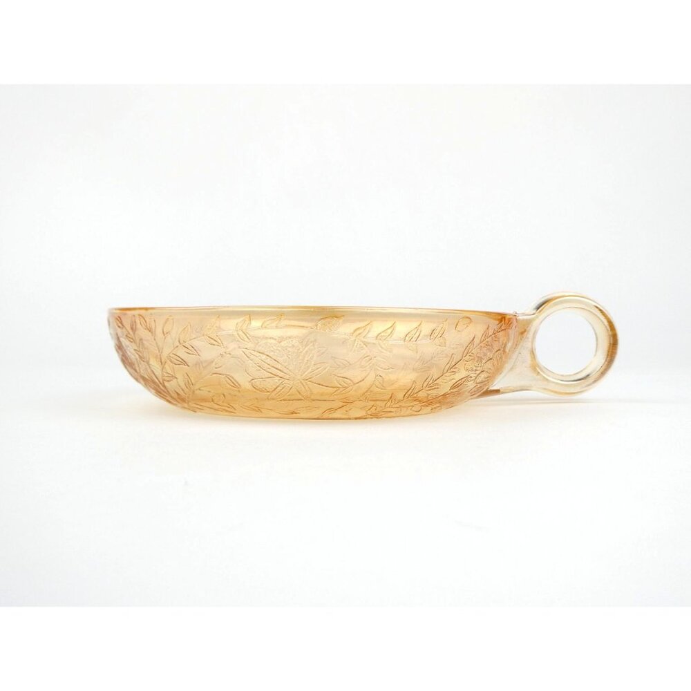Jeanette Floragold Vintage Iridescent Amber Leaf Pattern Glass Bowl With Handle